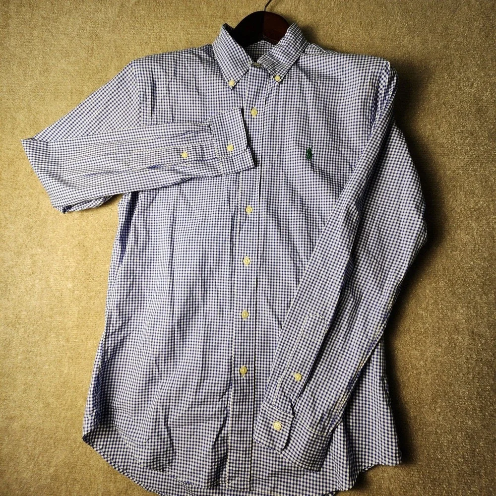 Polo Ralph Lauren Button Down Men Medium Blue White Gingham Slim Fit Long Sleeve